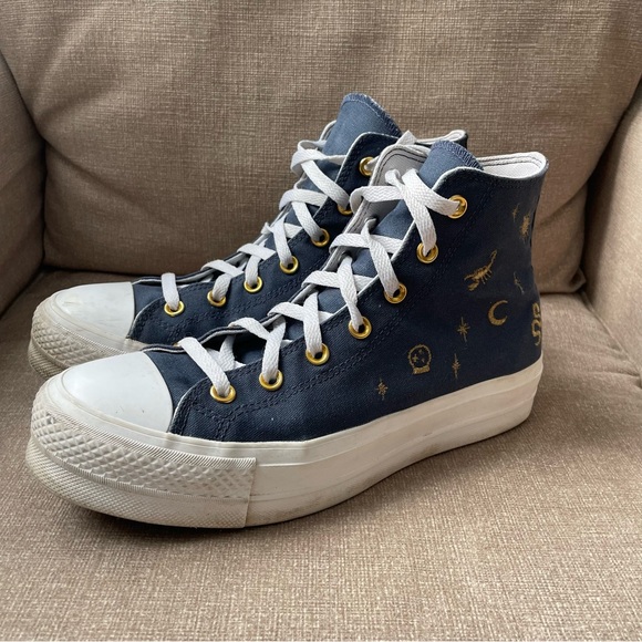Converse Shoes - Custom Embroidered Converse Blue High-Tops with White Laces Gold Accents